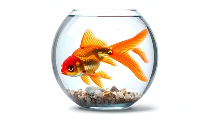 Bright goldfish swims in clear bowl with pebbles on a white background, isolated with its shadow below