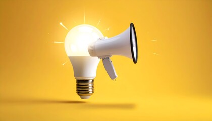 Bright illuminated bulb merged with white megaphone, against a vivid yellow background