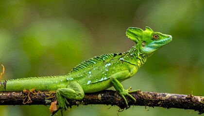 Bright green lizard with crested head perched on a mossy branch, forest greenery in the blurred background