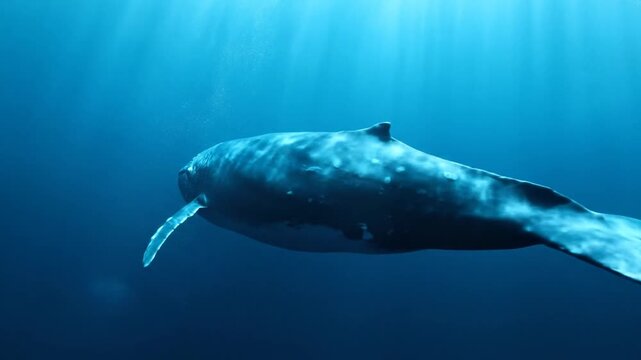 Majestic Humpback Whale Swimming in Deep Blue Ocean Water with Sun Rays