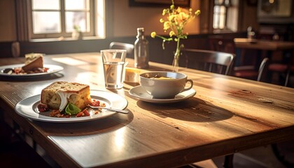 Bright light shines on a wooden table set with plates, a drink, and yellow flowers in a cozy indoor scene