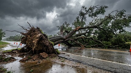Fallen tree blocking road after severe storm, surrounded by traffic cones and wet pavement, illustrating the impact of natural disasters on infrastructure and safety