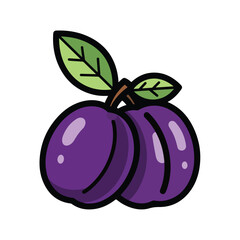 Two Purple Plums with Green Leaves.