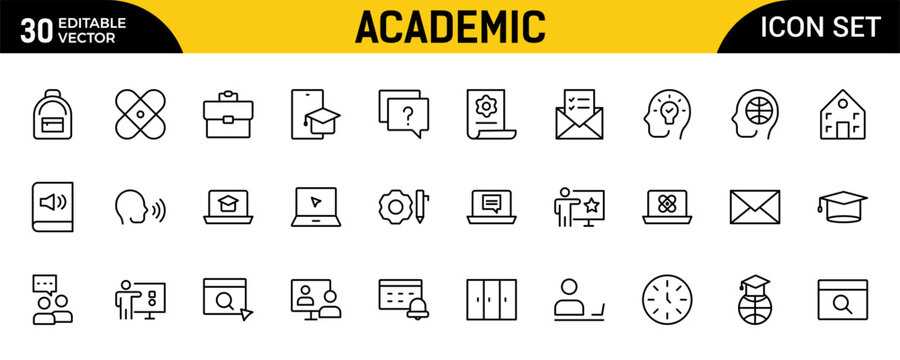 Academic Line Icon Set &ndash; Education, Studying and Science Thin Outline Icons Collection Featuring Human Brain, Fields of Study, Graduation, School, University and Knowledge Symbols