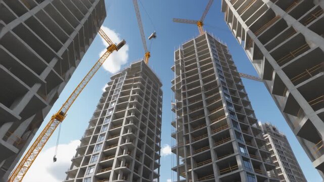 3d rendering Modern Skyscrapers in Progress at City Center low angle view