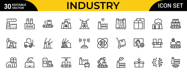 Industry Outline Icon Set &ndash; Technology, Finance, Healthcare, Automotive, Energy, Retail, Construction, Hospitality, Tourism, Education, Oil, Gas, Refinery, Petroleum, Lubricant and Agriculture