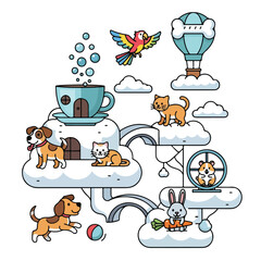 Whimsical Cartoon Animals in Fantasy Scene.