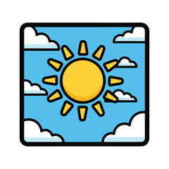 Yellow Sun Icon with Clouds Illustration.