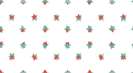 Small red and teal abstract starburst shapes arranged in a repeating pattern on a white background.