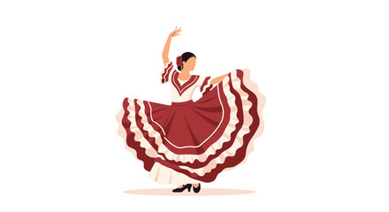 Dynamic flamenco dancer performing a passionate routine with a wide swirling red and white dress representing traditional folk art.