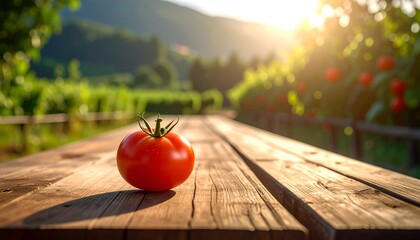 Naklejka premium Bright ripe tomato on rustic wooden table, vineyard backdrop, bathed in warm sunlight