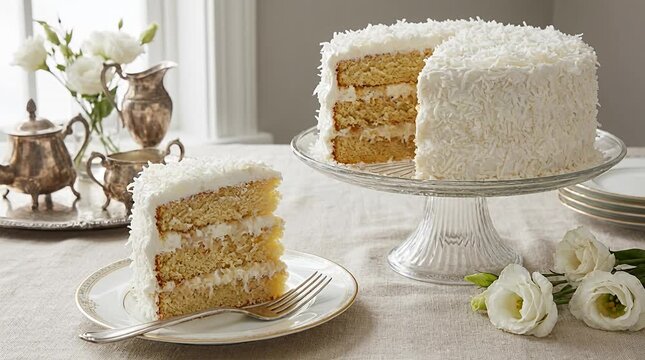 Delicious layered coconut cake with white frosting and shredded coconut, perfect for celebrations.