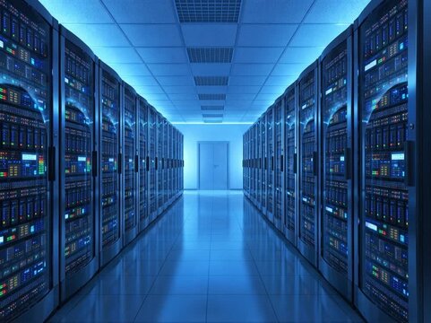 A modern data center corridor filled with server racks and blue ambient lighting, representing secure digital infrastructure and large-scale data processing.