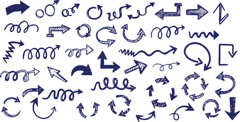 Naklejka premium A collection of hand drawn red squiggles swirls and arrows on a white background with abstract patterns and shapes