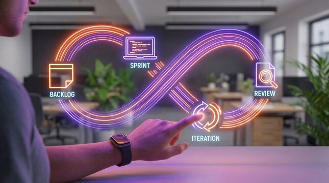 Agile development process concept with infinity loop and keywords