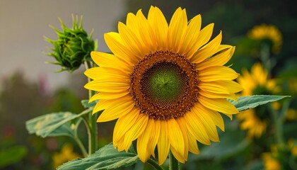 Obraz premium Bright sunflower with green bud and leaves against a blurred background of flowers