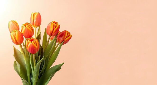 A bouquet of vibrant orange and yellow tulips against a soft peach background