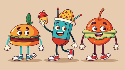 Fototapeta premium Retro cartoon fast food characters in vintage rubber hose style.eps