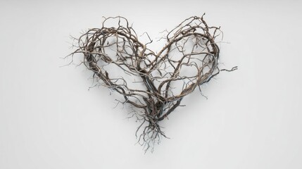 Fototapeta premium A heart-shaped arrangement of twigs and branches, symbolizing love and nature, set against a minimalist background.