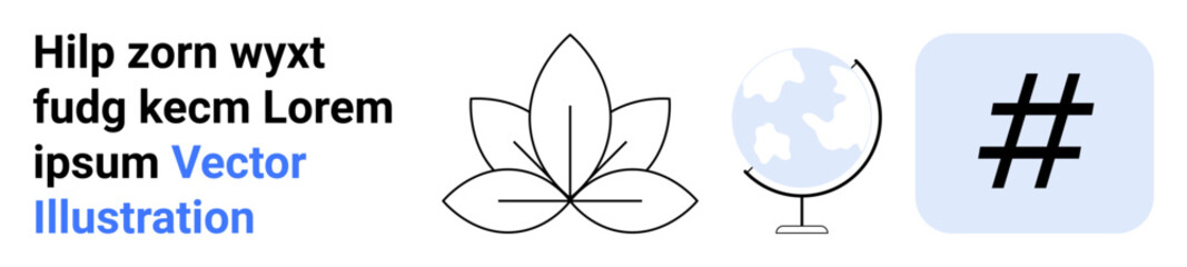 Obraz premium Minimalist lotus symbol, globe indicating global reach, and metadata tag for connectivity. Ideal for wellness, nature, global awareness, social media, networking, ecology simple landing page