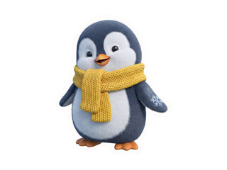 Fototapeta premium An adorable fluffy baby penguin character wearing a cozy yellow knitted winter scarf, isolated on a transparent background.