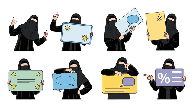 Woman in niqab holding various signs for business communication