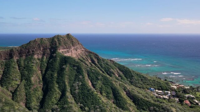 Diamond Head mountain summit, iconic landmark overlooking Waikiki Beach and Honolulu city in Hawaii	