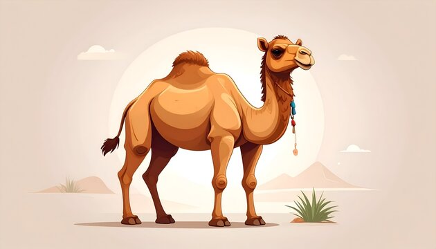 Cartoon camel stands in a pale desert landscape with a large sun and tufts of grass in the foreground