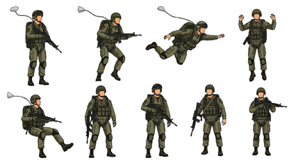 Fototapeta premium Soldiers in various military operations with guns and gear