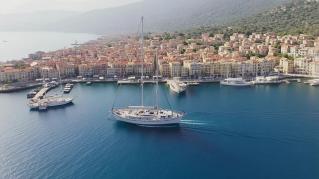 Scenic Gaeta Sailing Boat Mediterranean Sea Italy Drone Shot Aerial View Coastline Architecture Travel Tourism