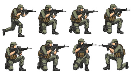 Fototapeta premium Soldiers in various combat positions with rifles ready