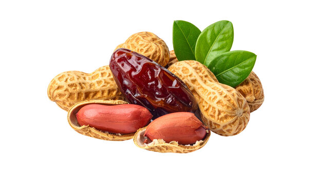 A close-up shot of peanuts in their shells alongside a date fruit and green leaves, against a black background