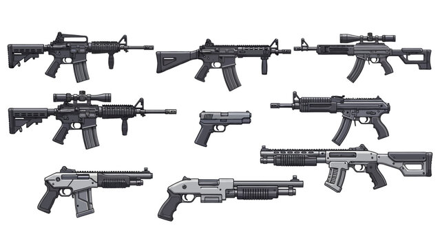 Modern firearms collection featuring various assault rifles and handguns