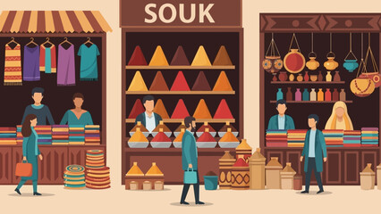 Vibrant souk marketplace with colorful spices and textiles