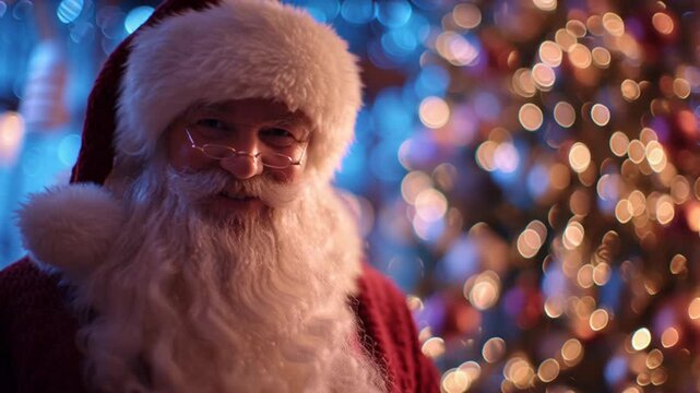 Bearded Man in Red Coat and Hat Standing Near Christmas Tree with Lights