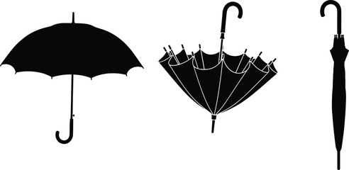 Three black umbrella icons showing open, semi-closed, and fully closed states for weather and accessory design content © Umme