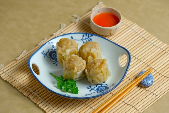 Dimsum, dim sum, shumay, shaomai , dumplings or siomay for recipe, menu book or food design. Chinese food made from shrimp or chicken. Oriental food