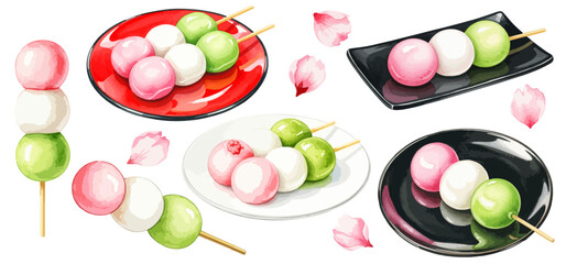 花見団子のイラストセット 桜と三色団子の和菓子素材
