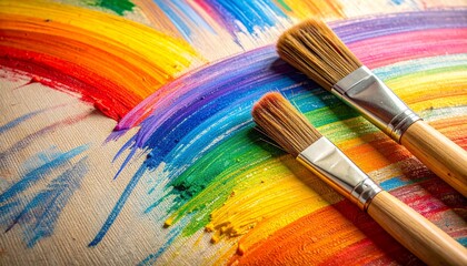 Obraz premium Two paintbrushes with wooden handles and silver ferrules lie on a canvas with vibrant, swirling rainbow-colored brushstips, against a white background.