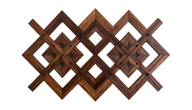 A symmetrical, geometric wooden design featuring interlocking diamond and square shapes against a black background. Brown tones