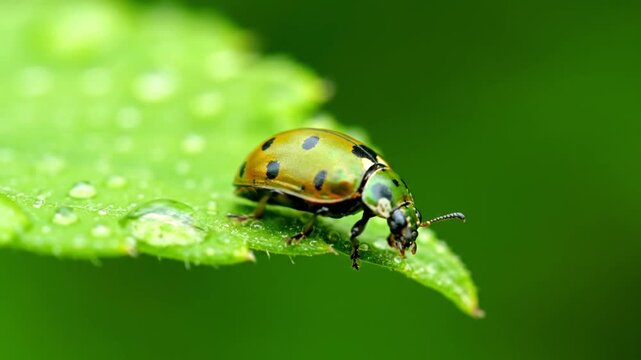 Macro shot of a green ladybug with black spots on a wet leaf, bokeh background