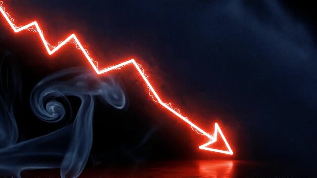 Red Neon Arrow Chart Pointing Downwards with Smoke on Dark Background