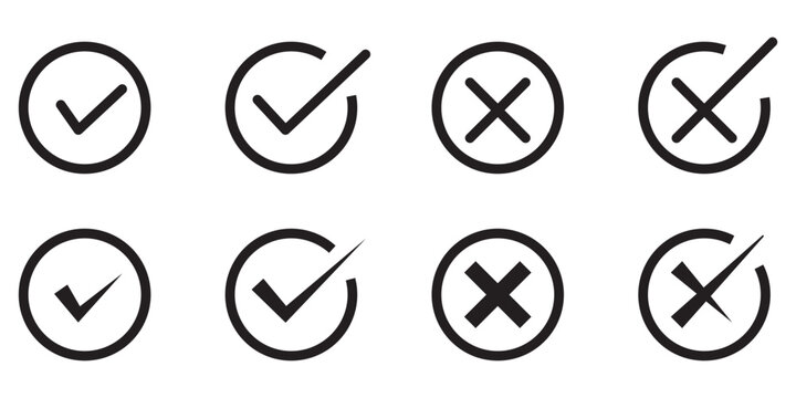 Checkmark cross symbols. Checkbox false wrong icons set. Vote checkmark, cross icons, symbols set. Vector icons