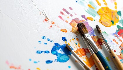 Obraz premium Close-up of paintbrushes with colorful paint splatters on a white canvas with a vibrant and creative mood.