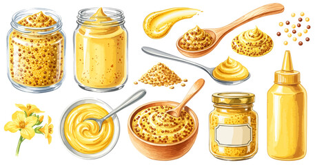 粒マスタードとマスタードソースの調味料イラストセット 白背景