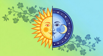 Fototapeta premium Split image of sun and moon faces with floral elements representing day and night contrast ideal for conceptual design and nature themes
