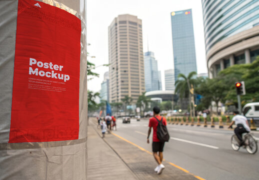 Outdoor Urban Poster Mockup on City Street with Pedestrian Perspective