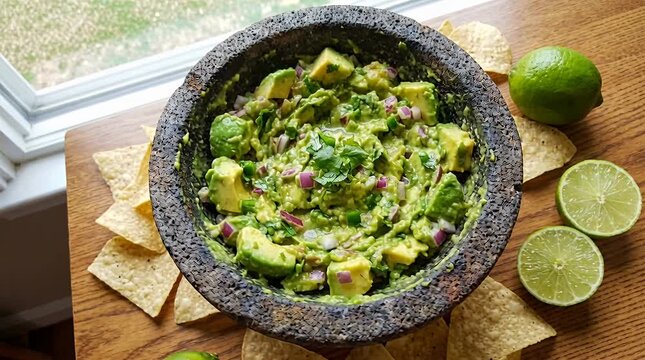 Freshly made guacamole with cilantro, onion, and lime served with tortilla chips in a molcajete, avocado.