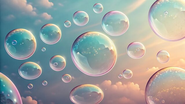 Numerous iridescent soap bubbles float in a bright blue sky with wispy clouds and warm sunlight