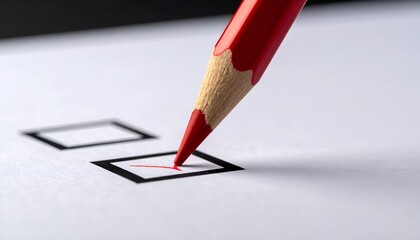 Close-up of a red pencil marking a check box on a white form, emphasizing precision and confirmation